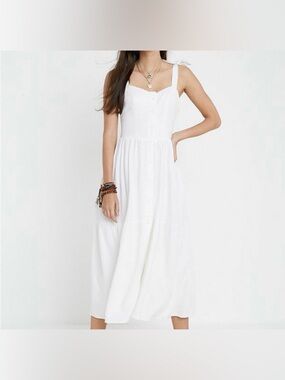 Urban Outfitters “Positano” White Cotton Button Front Tie Shoulder Midi Dress